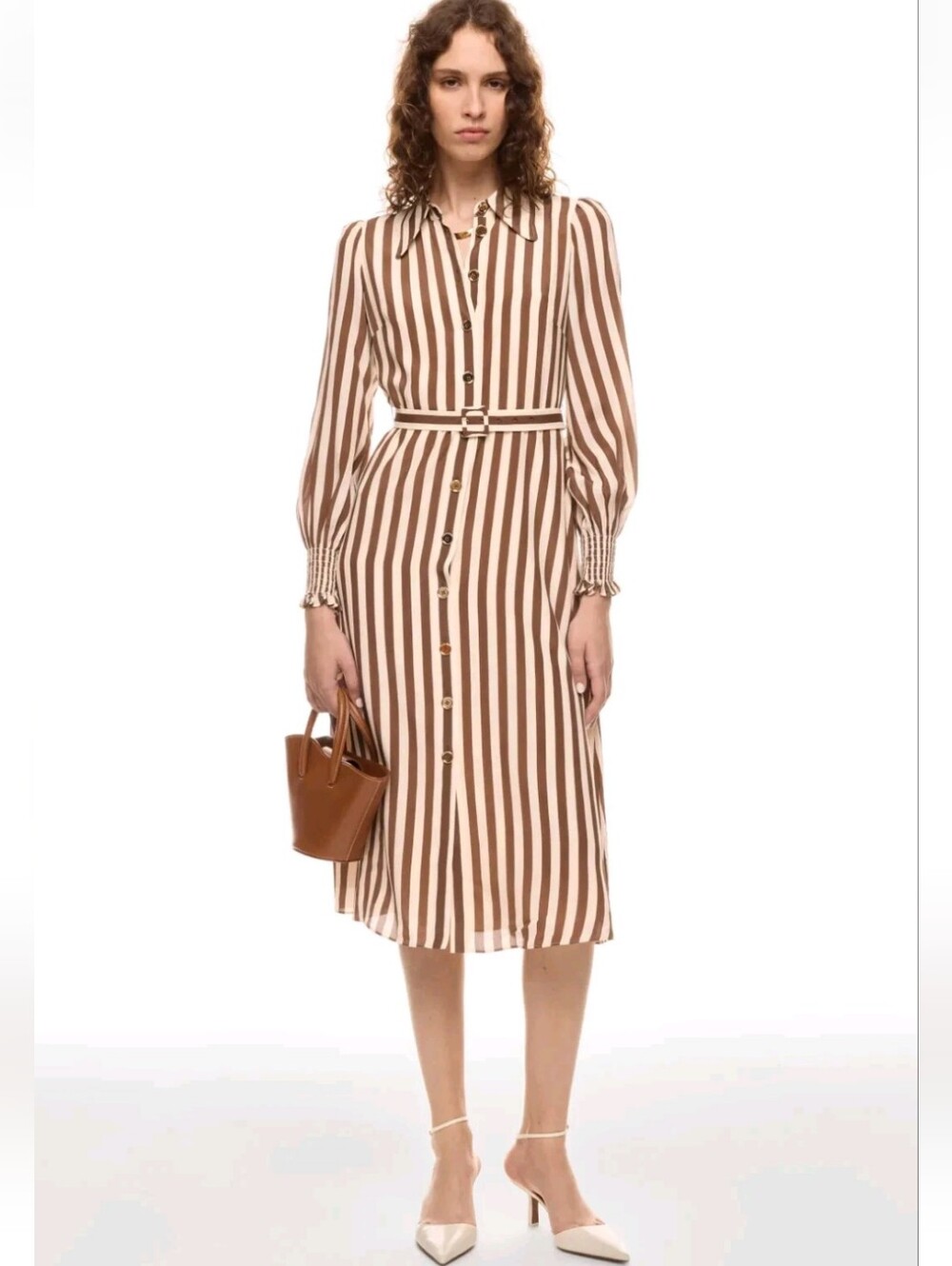LK Bennett Emelia Brown Stripe Silk Midi Shirt Dress Size 2